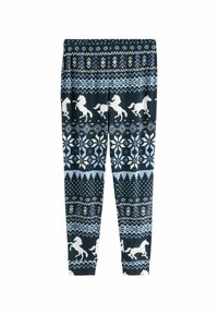 Sötétkék anyagból készült leggings, amelyeken ismétlődő fehér és világoskék téli minták találhatók, beleértve a lovakat és geometrikus formákat.