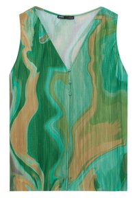 Top sin mangas en verde y beige con un patrón ondulado; cuenta con un escote en V y tres botones en el centro; fabricado con un material ligero.
