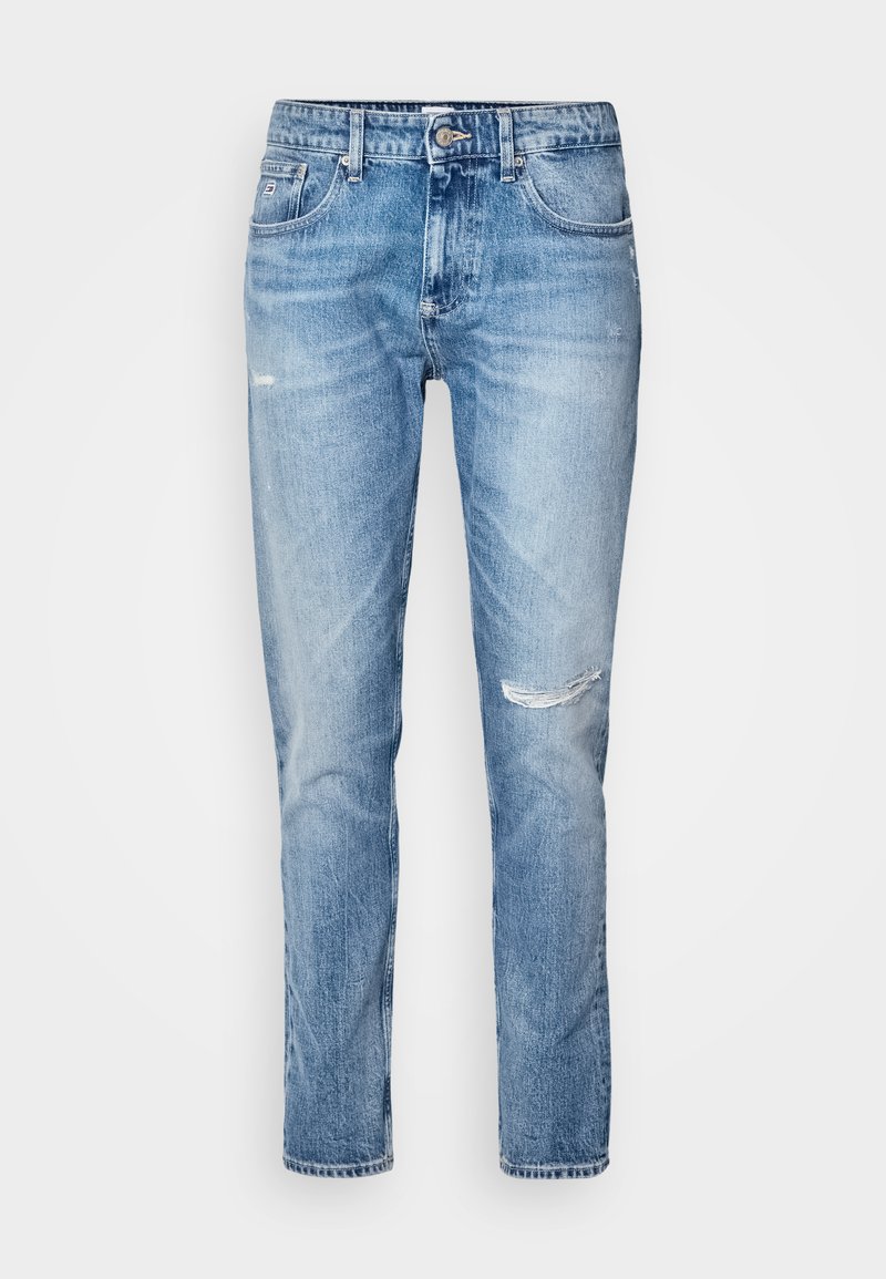 Hellblaue Jeans aus Denim mit geradem Schnitt, distressed Details an den Knien, fünf Taschen und einem Knopfverschluss an der Taille.