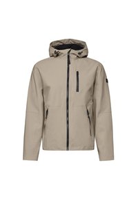 Veste imperméable beige clair avec capuche, fermetures éclair noires et deux poches avant. Elle possède des poignets élastiques et des réglages par cordon.