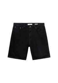 Zwarte denim shorts met een klassieke snit, voorzien van vijf zakken, een knoop- en ritsluiting, en subtiele stiksel details.