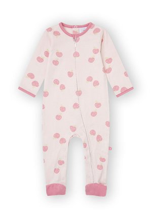 Pijama de bebé color rosa claro con mangas largas, estampados de manzanas rosas, ribete rosa en el cuello y los puños, y botones de presión en la parte delantera y las piernas.