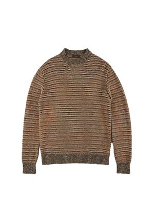 Pull en tricot à col montant dans des teintes marron, beige et orange. Présente un motif texturé et des poignets et bas côtelés.