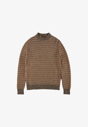 Maglione lavorato a maglia con collo alto in tonalità marroni, beige e arancioni. Presenta un motivo testurizzato e polsini e orlo a costine.
