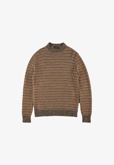 Gebreide trui met een hoge hals in bruin, beige en oranje tinten. Heeft een gestructureerd patroon en ribgebreide manchetten en zoom.