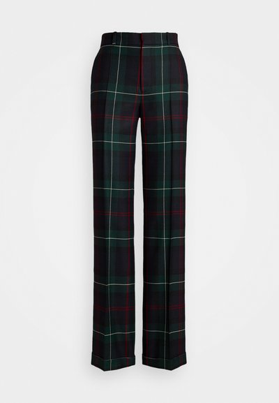 Calças xadrez em verde escuro e azul-marinho, apresentando um padrão em quadrados com detalhes em vermelho e branco, ajuste estruturado e pernas retas.