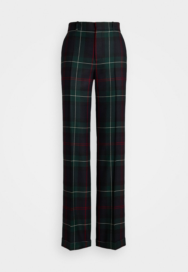 Sötétzöld és tengerészkék kockás nadrág, piros és fehér akcentusokkal ellátott kockás mintával, strukturált fazonnal és egyenes szabással.