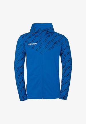 Blå atletisk jakke med lynlås foran, hætte og dynamisk mønsterdesign på ærmerne. Fremstillet af blødt, glat stof med teksturerede detaljer.
