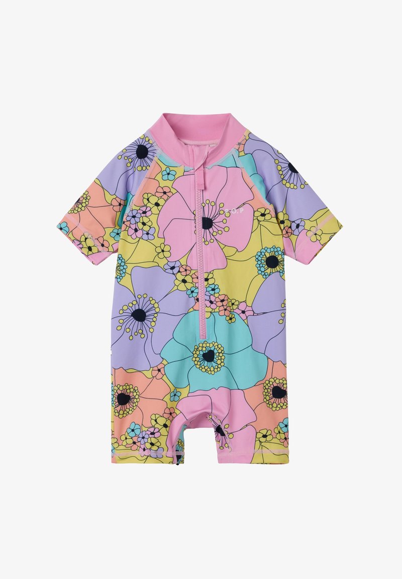 Surfing à manches courtes multicolores avec des motifs floraux en rose, violet et jaune ; présente une fermeture éclair à l'avant et un matériau élastique.