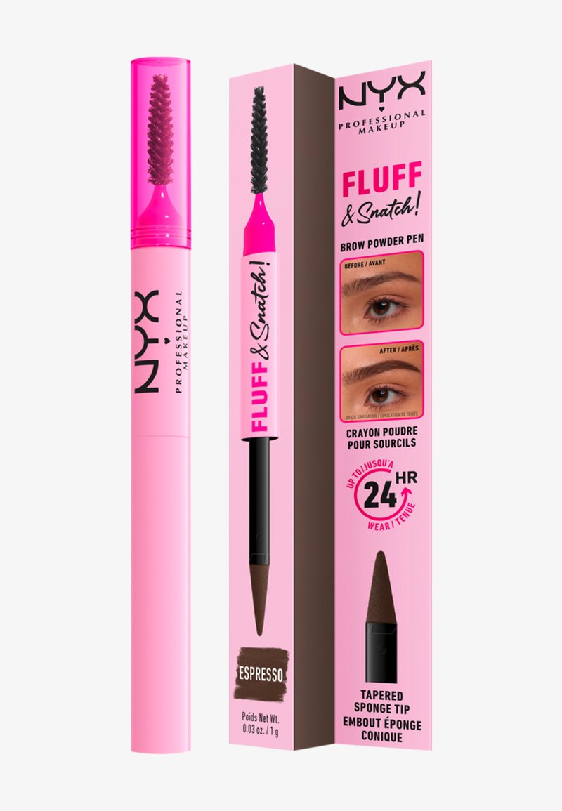 Stylo poudre à sourcils et spoolie NYX Fluff & Snatch dans un tube rose, présenté avec l'emballage et des photos avant-après des sourcils.