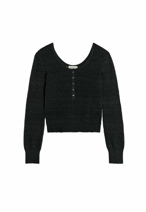 Melna adīta cropped kardigāna ar garām piedurknēm, apaļu izgriezumu, pogām priekšpusē un ribām aprocēs un apakšmalā.