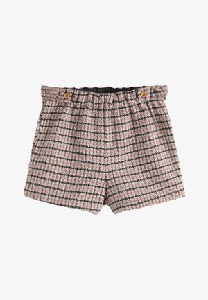 Wełniane szorty z wysokim stanem w różowo-brązową kratę, z elastycznym pasem i dwoma brązowymi guzikami u góry.