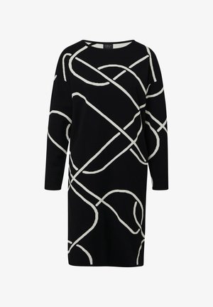 Schwarzes Kleid mit langen Ärmeln, das mit strukturierten weißen abstrakten Linien in einem geschlungenen Muster über den Stoff versehen ist. Runder Ausschnitt, lockere Passform.
