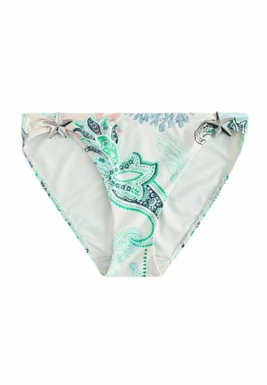Balti bikini apakšdaļas ar tirkīza un zaļu ziedu paisley printu un sudraba jūraszvaigznes rotājumiem pie katras gurnas.