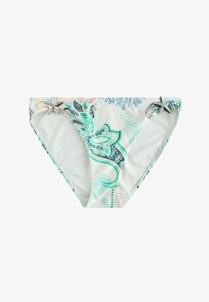 Valkoiset bikinialushousut, joissa turkoosia ja vihreää kukkakuvioista paisley-kuosia ja hopeiset meritähtikoristeet kummallakin lantion kohdalla.