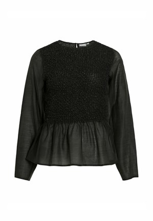 Sort langærmet top med smocket liv og peplumkant. Stoffet har en glat tekstur, der skaber et lagdelt udseende.