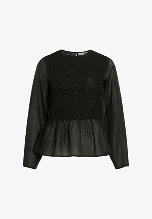 Top nero a maniche lunghe con corpetto arricciato e orlo a balze. Il tessuto ha una texture liscia, creando un aspetto stratificato.