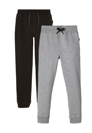 Two pairs of jogger pants: one black, one grey, both in soft fabric, featuring elastic waistbands with drawstrings and ribbed cuffs.