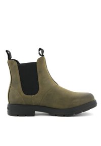 Stivale alla caviglia in pelle verde scuro con pannelli elastici neri ai lati, linguette di presa anulare e suola in gomma resistente. Texture liscia con cuciture minime.