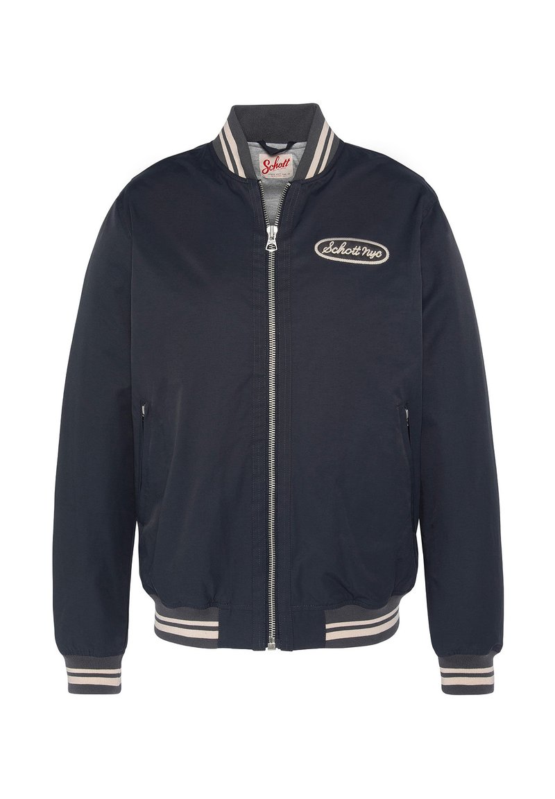 Marineblauer Bomberjacke mit einem Frontreißverschluss, gerippten Bündchen und Kragen. Verfügt über ein beigefarbenes gesticktes Logo auf der Brust und seitliche Taschen.