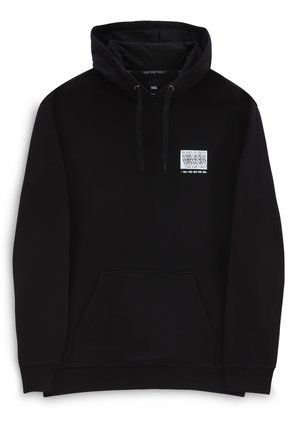 Sweat à capuche noir Vans avec poche avant et petit logo blanc sur la poitrine gauche affichant le texte "Vans" et des étoiles en dessous.