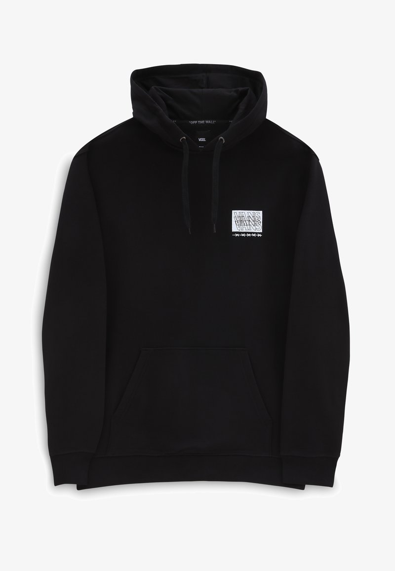 Sweat à capuche noir Vans avec poche avant et petit logo blanc sur la poitrine gauche affichant le texte "Vans" et des étoiles en dessous.