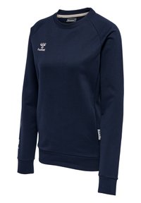 Sjöblå sweatshirt i bomullsblandning, med rund halsringning, ribbade ärmslut och diskret logotyp på bröstet och ärmen.