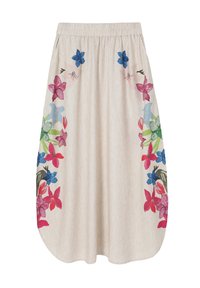 Jupe à motif floral en tissu léger, présentant une base beige clair ornée de dessins floraux colorés peints en rose et bleu.