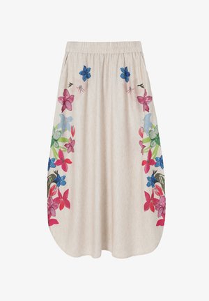 Gėlių rašto sijonas, pagamintas iš lengvos medžiagos, su šviesiai smėlio spalvos pagrindu ir ryškiais, pieštais gėlių motyvais mėlyna ir rausva spalvomis.