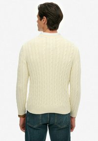 Suéter de punto trenzado color crema con mangas largas, dobladillo acanalado y un patrón texturizado; modelo mostrado desde atrás, combinado con jeans azules.