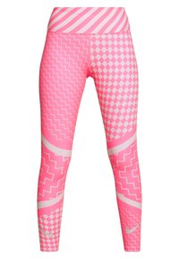 Różowe legginsy z połączeniem wzorów w zygzak i diamenty, szerokim paskiem w paski oraz gładką, elastyczną fakturą materiału.