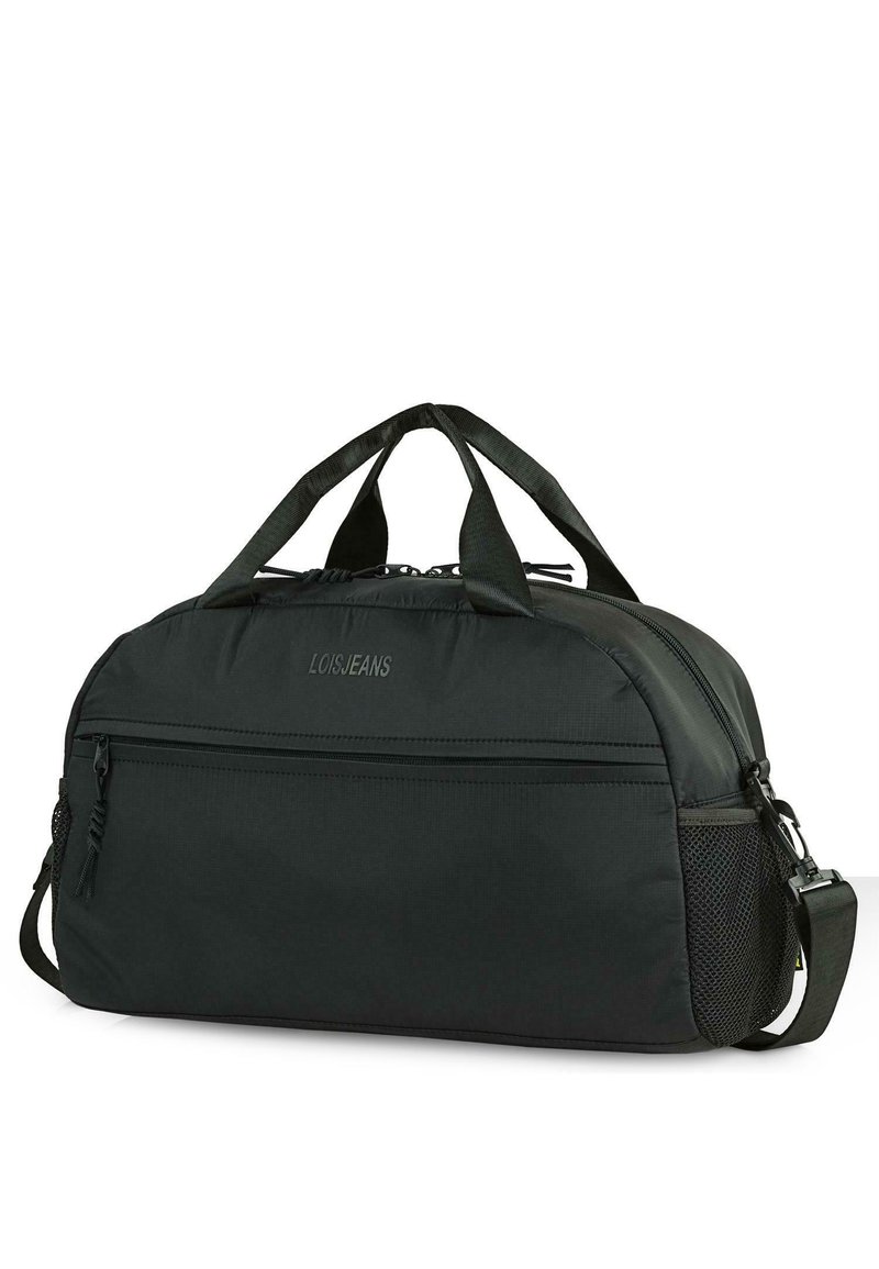 Bolsa de deporte negra con cierre de cremallera, tejido texturizado, asas superiores, correa para el hombro ajustable y un bolsillo lateral de malla. Presenta un logotipo en relieve.