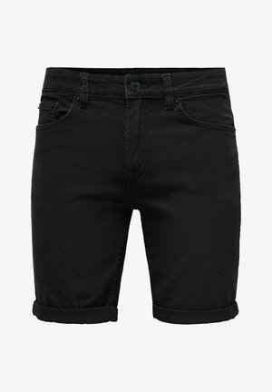 Schwarze Jeansshorts mit umgeschlagenem Saum. Verfügen über ein klassisches Design mit fünf Taschen und einem vorderen Knopfverschluss. Glatte Textur und robustes Gewebe.