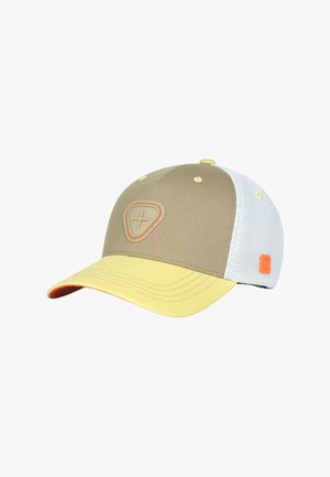 Casquette de baseball avec devant beige, visière jaune, dos en filet blanc et un emblème de croix brodé sur le panneau avant.