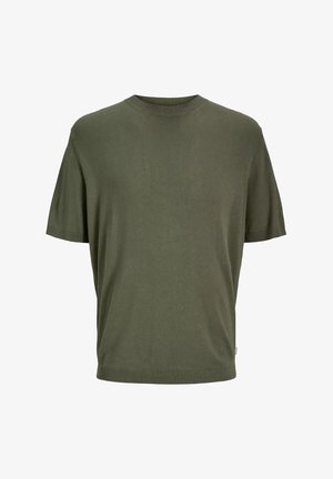 Krótkie rękawy oliwkowa koszulka z miękkiej bawełny. Posiada okrągły dekolt i prosty dół z prążkowanymi detalami przy kołnierzu.