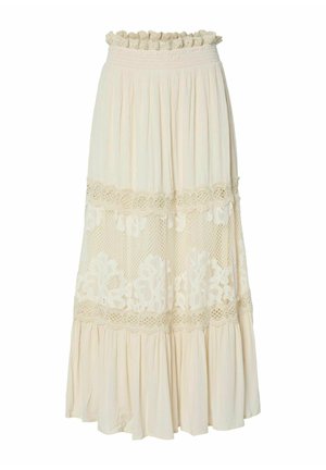 Dlouhá krémová sukně s vrstvenou látkou, krajkovými panely a elastickým pasem s volánky.