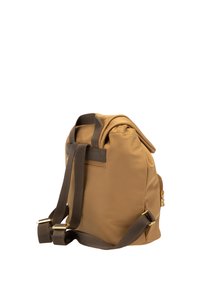 Zaino in nylon marrone con spallacci imbottiti, cinghie regolabili marroni e una maniglia superiore. Presenta una tasca con zip e una forma rilassata.
