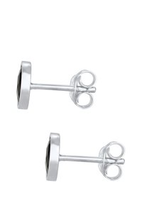 Orecchini a perno in argento con pietre nere rotonde, fatte a forma di brillante, montate su una base metallica elegante e dotate di un supporto sicuro e retro in gomma.