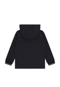Felpa nera con cappuccio, maniche lunghe, polsini a costine con dettagli a righe e un design posteriore uniforme. Tessuto morbido al tatto.