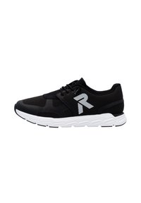 Black athletic shoe with mesh upper, white outsole, and grey accents. Features laces and a prominent "R" logo on the side.