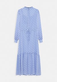 Robe midi à manches longues bleu clair avec un petit motif floral bleu foncé, fermeture à boutons sur le devant, taille à nouer et ourlet évasé froncé.