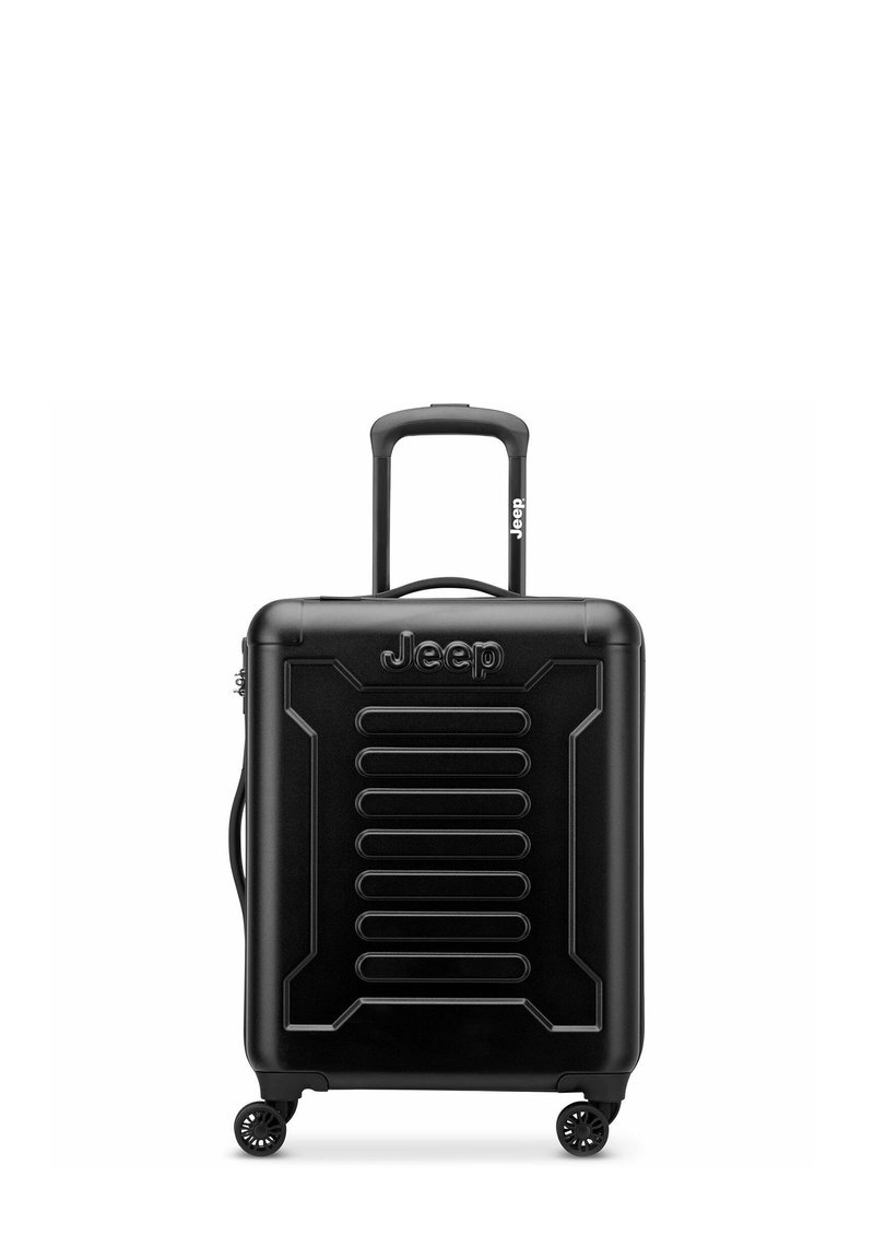Valise rigide noire avec un devant texturé, arborant le logo Jeep, une poignée rétractable et des roues pivotantes pour une meilleure mobilité.