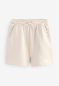 Beige bomulds shorts med elastisk talje, snoretræk og sidelommer. Har diskret trykt branding på den nedre kant.