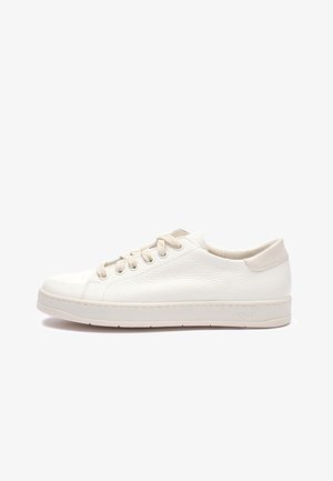 Biały skórzany sneaker o fakturowanym wykończeniu, zaokrąglonym nosku, beżowych akcentach, sześciu przelotkach i gumowej podeszwie z minimalistycznym logo.