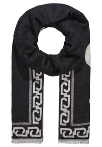 Écharpe noire et grise avec un motif géométrique de chaînes le long des bords et des extrémités à franges, pliée en forme de boucle.