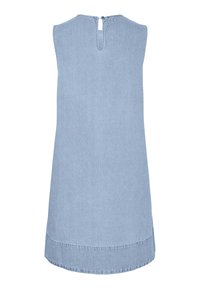 Rochie fără mâneci din denim albastru deschis, cu decolteu rotund, închidere cu nasture și deschidere laterală la spate, și tiv drept.