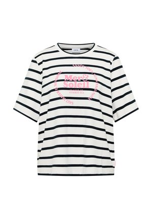 Maglietta bianca con strisce orizzontali nere e testo rosa "Mer & Soleil" al centro, maniche corte, scollo rotondo, stile casual.