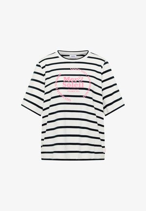 Weißes T-Shirt mit schwarzen horizontalen Streifen und rosa Text "Mer & Soleil" in der Mitte, kurze Ärmel, Rundhalsausschnitt, lässiger Stil.