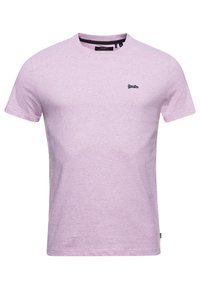 Korte mouw crew neck t-shirt in licht lavendel, gemaakt van een katoenmix. Beschikt over een klein zwart logo op de linkerkant van de borst, met een soepele textuur.