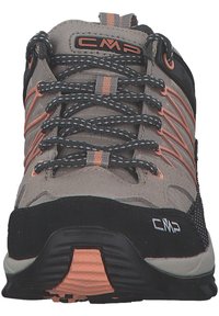 Gray hiking shoe with black accents, orange details, textured upper, and mesh panels. Features black sole and lacing system for secure fit.
